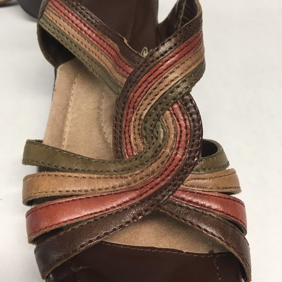 Bass Juliana 9M Leather Strappy Medium Wedge Brown Rust Green Tan EUC - Picture 6 of 7